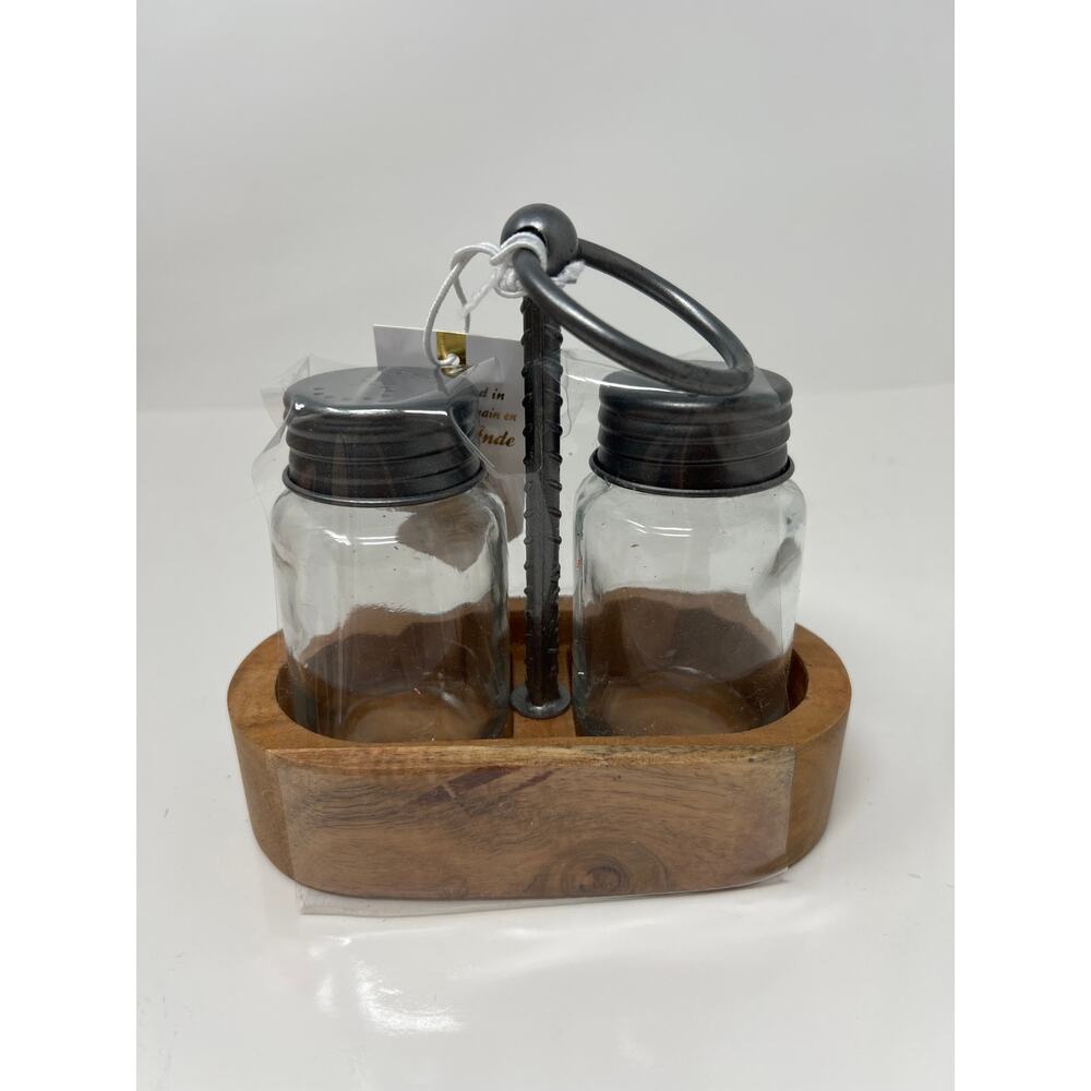 Glass Salt and Pepper Shakers with Wooden Holder NEW